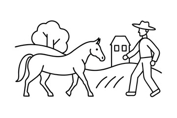 Fototapeta premium Farmer walking with horse line art rural scene illustration