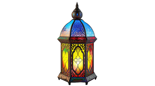 Eid Mubarak lantern with colorful glass and warm yellow light, isolated on transparent background. PNG - Powered by Adobe
