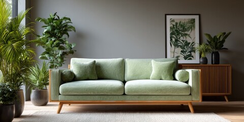 A modern green sofa in a minimalistic room decorated with plants.