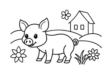 Adorable cartoon pig line art coloring page farm scene