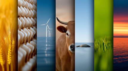 Collage verschiedener nachhaltiger Energiequellen und Umweltthemen