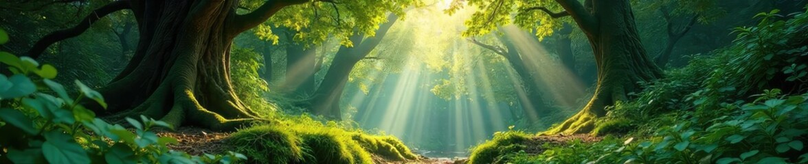 Lush, vibrant forest teeming with life, sunlight dappling through ancient trees, creating a serene and idyllic paradise Perfect for illustrating tranquility, nature, and escape , birds, lush