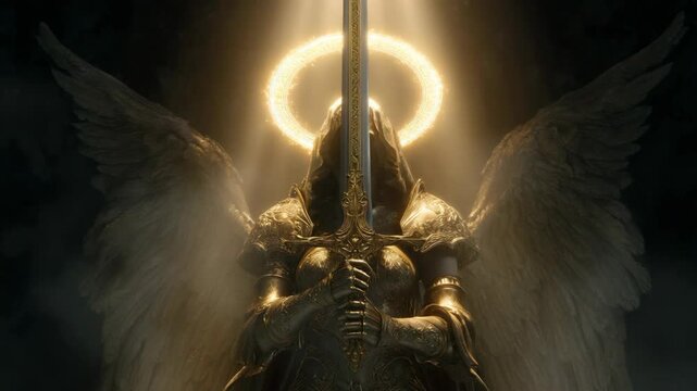 an archangel in gold armor with sword and glory light, fantasy character design 