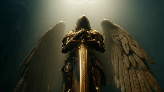 an archangel in gold armor with sword and glory light, fantasy character design 