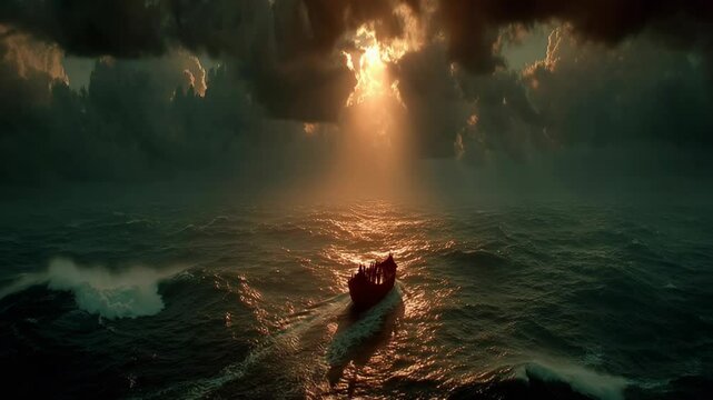 Noah  ark floating in vast water with light flare through the sky 