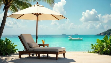 Serene scene of an open umbrella sheltering a plush, comfy armchair and small table with a drink, embodying ultimate relaxation , shadow, shade