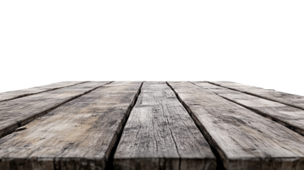 Old and weathered rustic wooden pier with cracks on transparent top. PNG