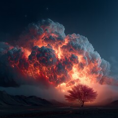 Fiery volcanic explosion with massive glowing ash cloud under a night sky, illuminating a solitary blooming tree in stark contrast to the surrounding landscape.
