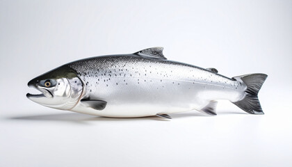 Naklejka premium Close-up of grey Atlantic salmon fish, fresh seafood on white background, isolated