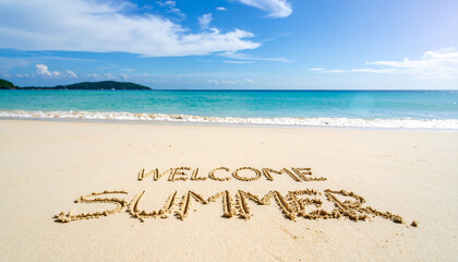 Sandy beach landscape with "Welcome Summer" written in sand, perfect for summer themes

