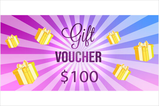 Pink-purple background with a radial pattern, text "GIFT VOUCHER $100", and scattered yellow gift boxes with bows. Suitable for gift and promotion themes.