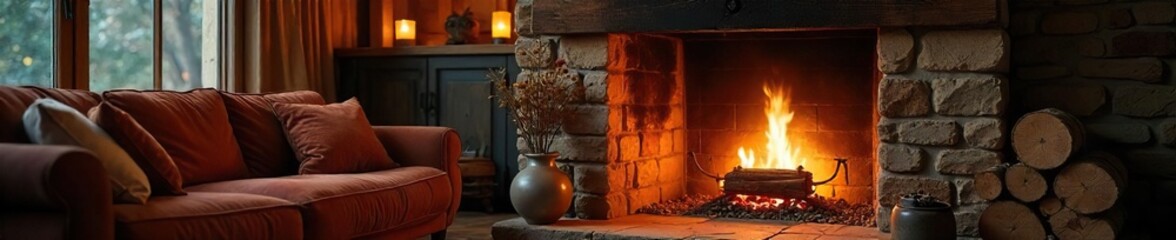 A cozy fireplace casts a warm glow on a rustic living room, inviting warmth and comfort Perfect for autumn or winter themes, relaxation, and home ambiance , vintage, traditional