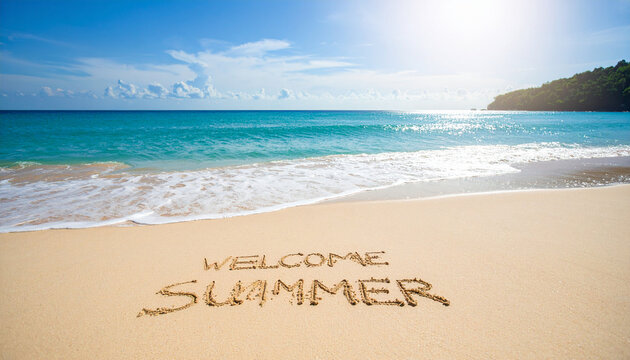 Sandy beach landscape with "Welcome Summer" written in sand, perfect for summer themes

