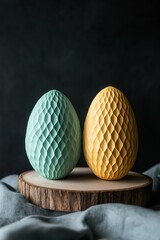 Decorative eggs in pastel colors on wooden stand, textured surface