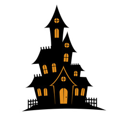 Spooky Halloween Vector Illustration of a Haunted House with Orange Windows and a Small Fence, Isolated on White Background