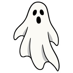 Obraz premium Vector illustration of a cute cartoon ghost with a surprised expression, featuring a unique flowing design and bold black outlines against a white background, perfect for Halloween designs.