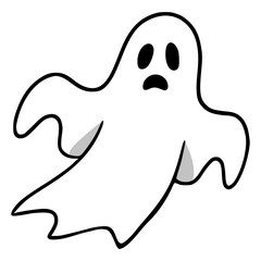 Adorable Hand-Drawn Vector Illustration of a Quirky Halloween Ghost with a Playful Expression and Asymmetrical Shape.