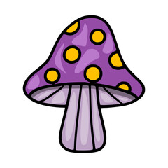 Adorable vector illustration of a whimsical purple mushroom with yellow polka dots, featuring a cartoonish style and distinct color palette, perfect for childrens books or Halloween designs.