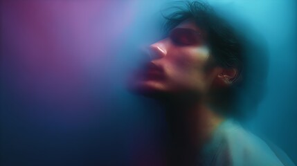 Obraz premium A mysterious figure surrounded by colorful, dreamy lighting, creating an ethereal and abstract visual effect.