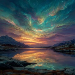 Dramatic, colorful sunset with glowing clouds and vivid sky mirrored in a calm alpine lake surrounded by rocky mountains and serene landscape.