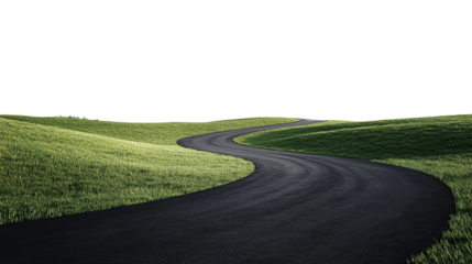 Empty asphalt country road winding through green fields, isolated on transparent. PNG