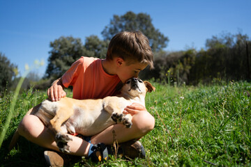 Child kissing and hugging his dog in a meadow on a sunny day