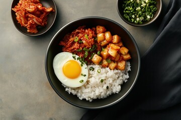 Korean breakfast bowl with rice, kimchi, soft-boiled egg, soy-based protein, green onion