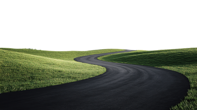 Empty asphalt country road winding through green fields, isolated on transparent. PNG