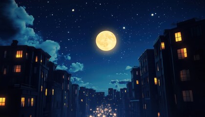 Silhouette Of Night City Street On Dark Blue Sky With Moon: Art For Web, Site, Advertising, Poster, Flyer, Brochure, Board, Card, Print.