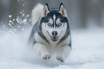 Husky dog joyfully sprinting through snowy forest, tongue out, fur glistening in sunlight.