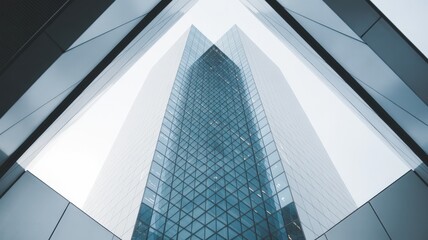 Skyscraper with glass facade, view from below. Modern architecture and urban landscape.