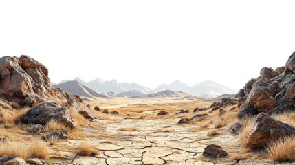 Vast desert landscape with mountains, rocks and dry valleys on transparent PNG
