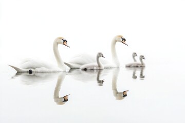 Fototapeta premium 4 Serene swan family swimming together in a still lake with each birds reflection visible on the surface