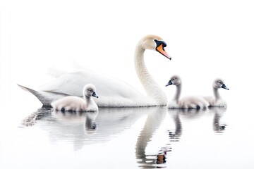 Fototapeta premium 4 Serene swan family swimming together in a still lake with each birds reflection visible on the surface
