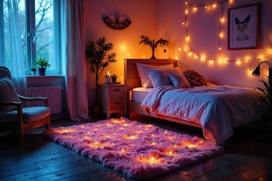 A magical, illuminated rug adds ambient lighting and a whimsical touch to any room Perfect for bedrooms, living rooms, or play areas Creates a cozy and enchanting atmosphere , magical, colorful