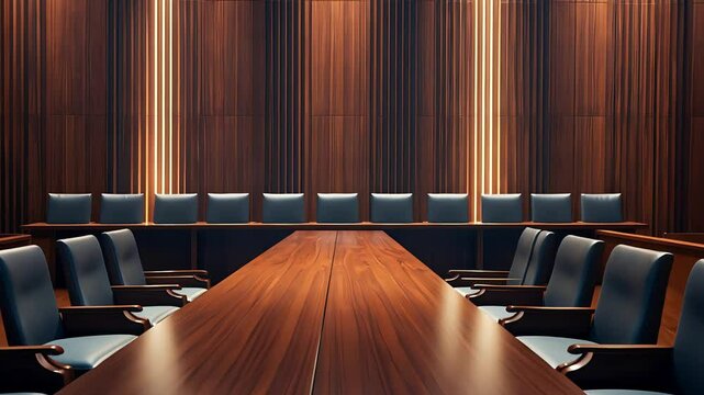 Modern executive boardroom with long polished wooden table, leather swivel chairs, wood-paneled walls, and soft ambient lighting

