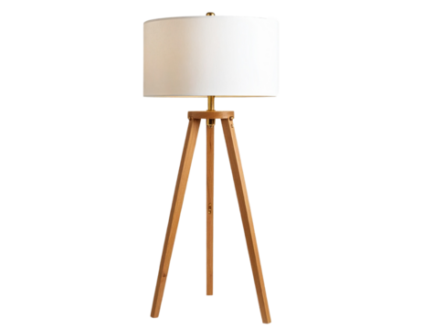 Mid-Century Modern Tripod Floor Lamp with White Linen Shade, Transparent background