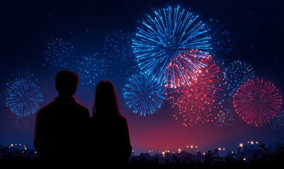 couple watching patriotic fireworks illustration, perfect for national holiday celebration posters, independence day cards, or patriotic campaign banners