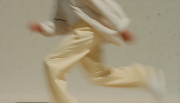 Blurred image capturing the dynamic motion of a person running in beige clothing against a neutral background.