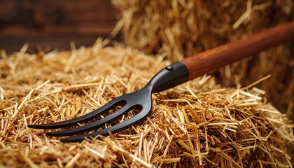 Obraz premium Close-up of a black metal pitchfork resting on a mound of straw with a rustic wooden background