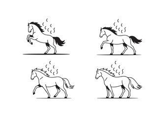 Four Black and White Line Art Illustrations of Horses in Action