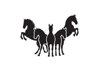 three black silhouette horses in different positions. Silhouettes of three horses in various poses.