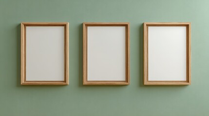 Three blank posters with wooden frames on sage green wall in gallery style
