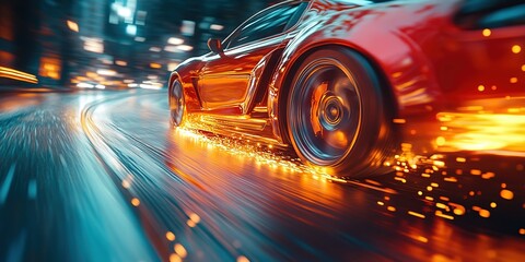 High-Speed Futuristic Sports Car Drifting with Glowing Sparks, Motion Blur, Neon Street Racing Scene, Dynamic Urban Drive, Cinematic Action Shot