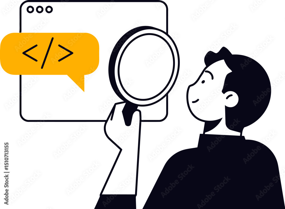 Poster cartoon developer debugging code with magnifying glass software development vector illustration 100 