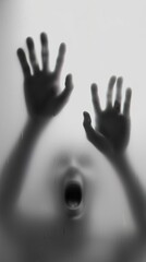 A haunting silhouette with outstretched hands and a scream, blurred behind a frosted glass surface, evokes fear and mystery.