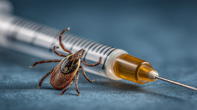 deer tick and syringe conceptual image – for Lyme disease prevention, vaccination awareness campaigns, or medical articles about tick-borne illnesses	
