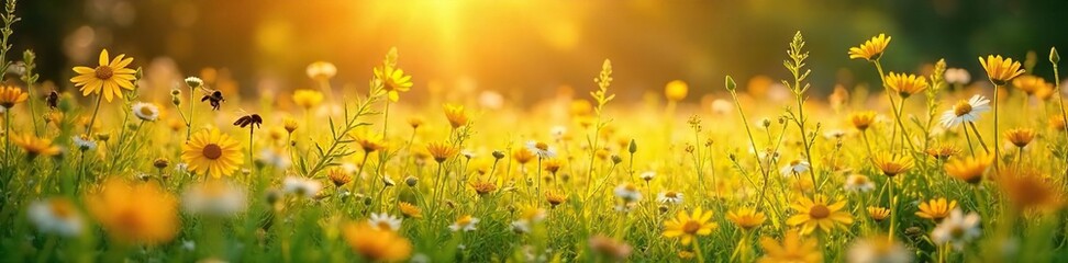 Fototapeta premium Golden sunlight bathes a vibrant meadow bursting with wildflowers, buzzing with pollinators Tall grasses sway gently in the warm summer breeze, creating a peaceful, idyllic scene , serene, daylight