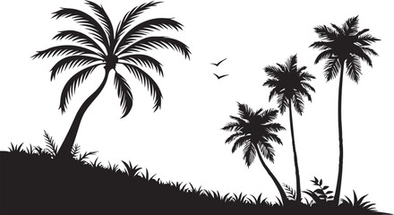 Fototapeta premium silhouette of palm trees on the beach with birds flying in the sky