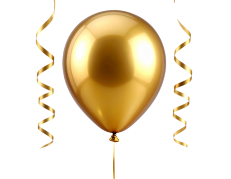 Single Golden Balloon with Twisting Gold Ribbons Floating Upward, Transparent background